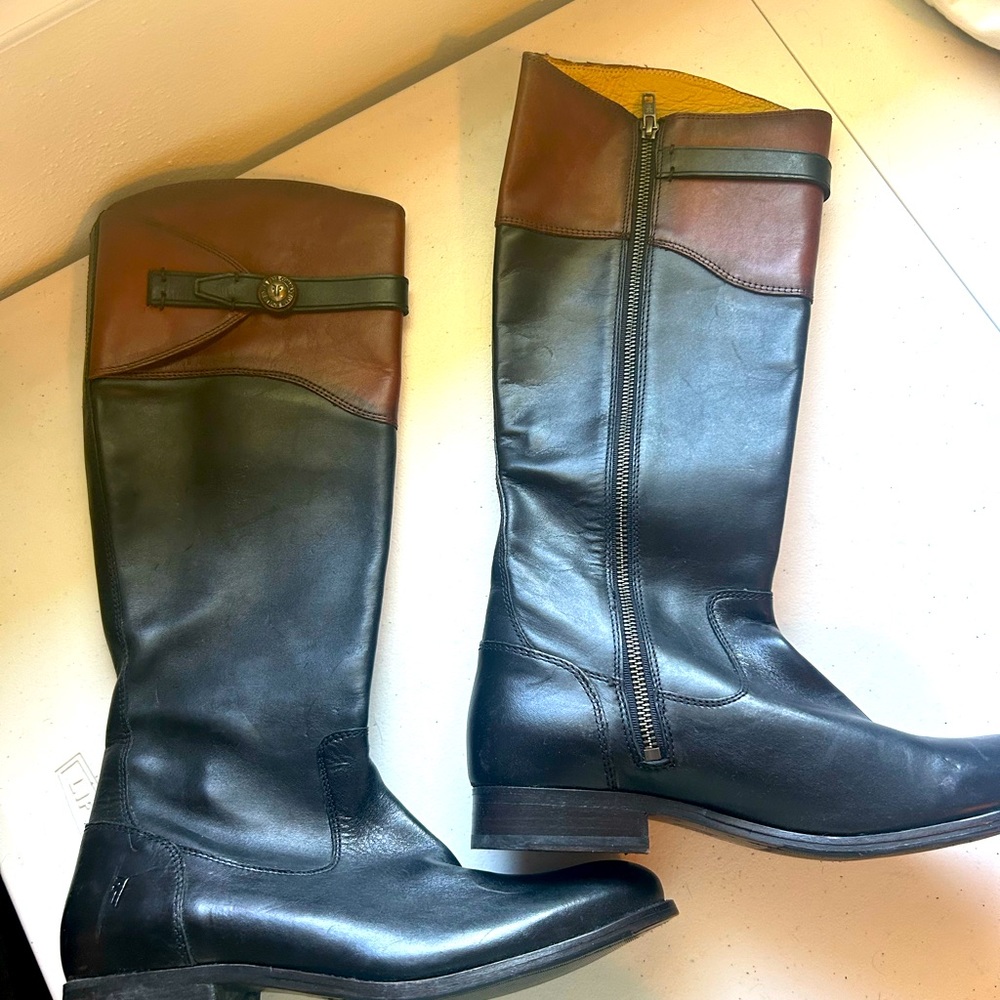 FRYE Womens Jayden Button Tall Black/Brown Leather Riding Boots Size US 9